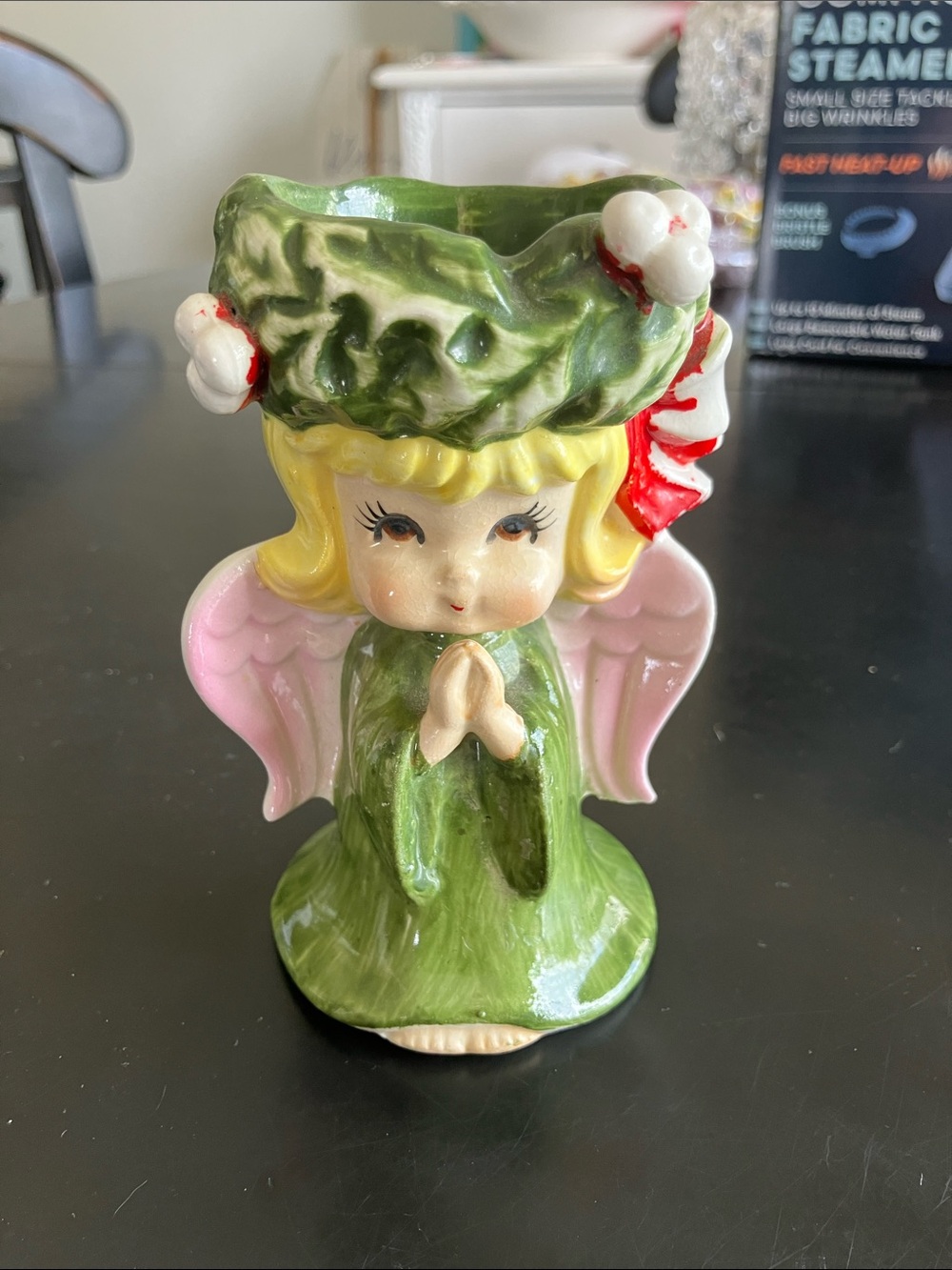 Vintage Ceramic Angel Figurine Planter - Green Dress Pink Wings